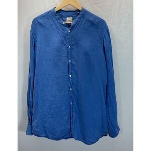 Luciano Barbera Shirt Mens L Blue Linen Button Up Italy Band Collar Travel